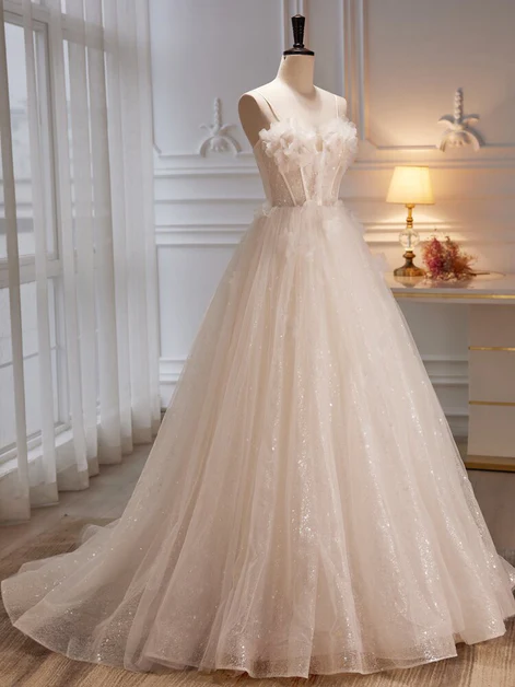 Elegant A Line Spaghetti Straps Sweetheart Lvory Tulle With Flowers Long Prom Dress, Evening Dress GG247