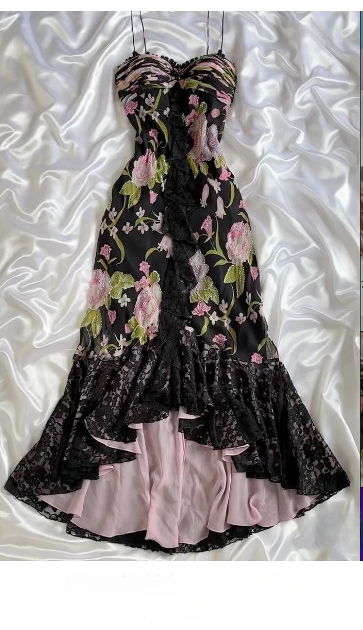 Stunning A Line Spaghetti Straps Chiffon Printing Lace Long Prom Dress, Party Dress, Evening Dress GG2490
