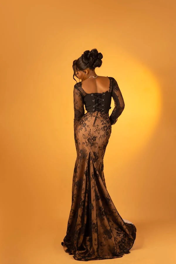 Unique Mermaid Satin Lace Applique With Long Sleeves Long Prom Dress, Party Dress, Evening Dress GG2500