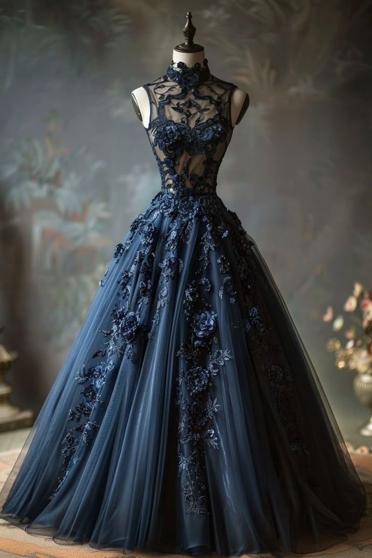Delicate A Line Halter Navy Tulle Applique Long Prom Dress, Party Dress, Evening Dress GG2511