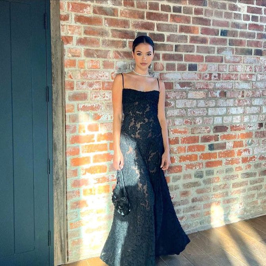 Classy A Line Spaghetti Straps Black Lace Long Prom Dress, Party Dress, Evening Dress GG2517