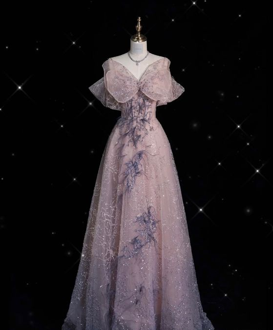 Exquisite A Line Off The Shoulder Sequin Tulle Applique Bow Long Prom Dress, Evening Dress GG252