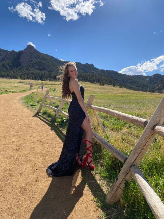 Classy Mermaid Strapless Black Sequin Slit Long Prom Dress, Party Dress, Evening Dress GG2520