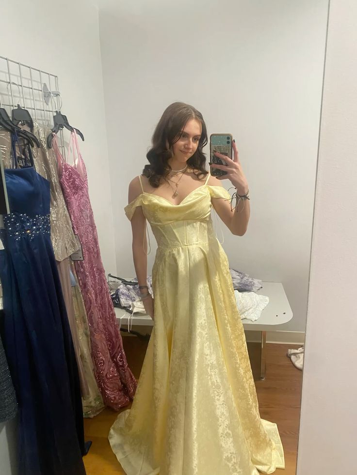 Classy A Line Spaghetti Straps Pastel Yellow Satin Long Prom Dress, Party Dress, Evening Dress GG2526