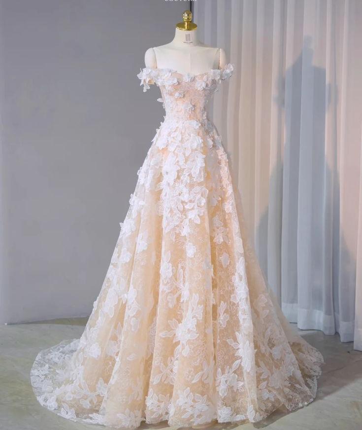 Exquisite A Line Off The Shoulder Light Champagne Applique Floral Long Prom Dress, Evening Dress GG253