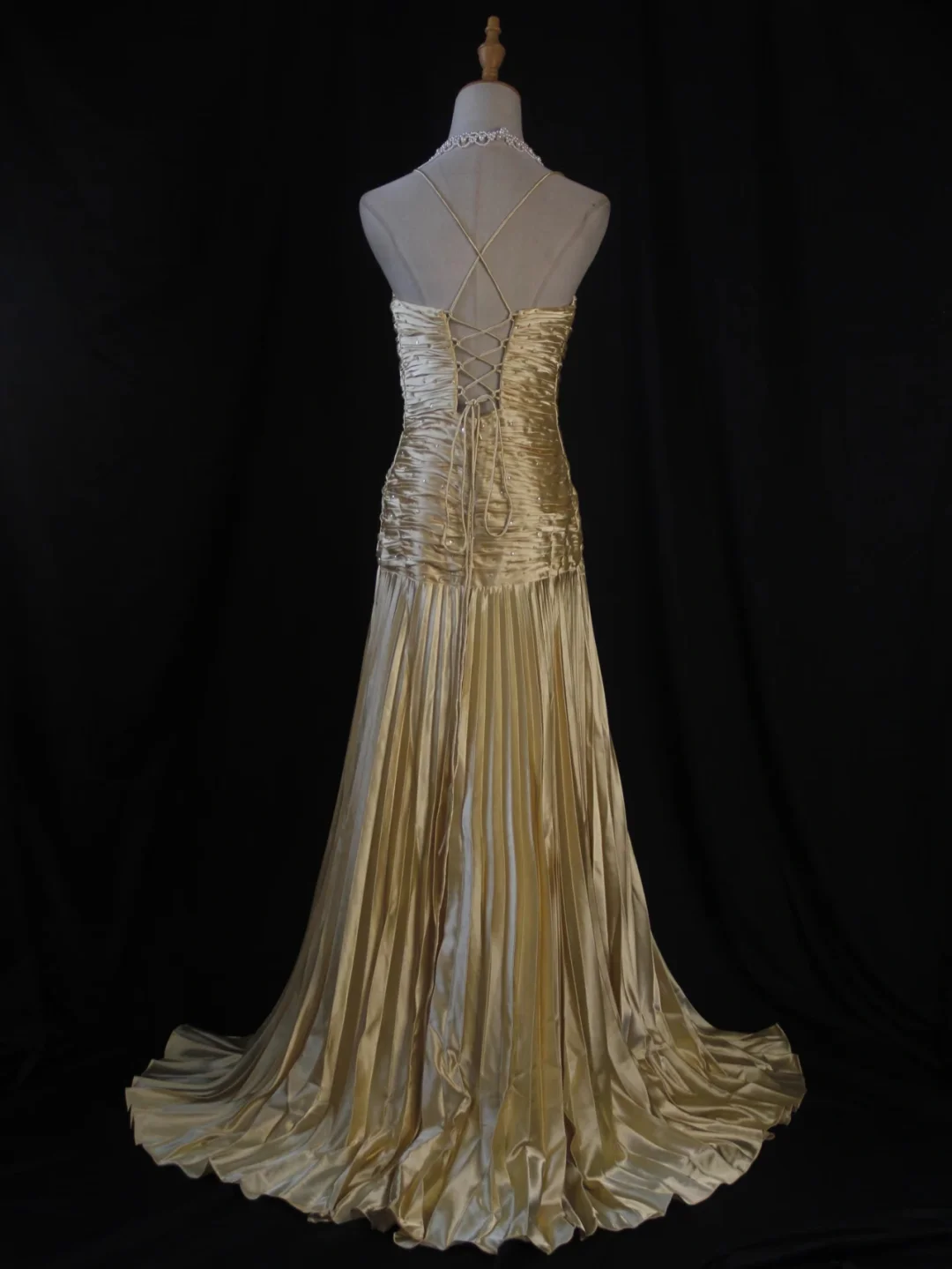 Vintage A Line Spaghetti Straps Golden Satin Beaded Pleated Long Prom Dress, Party Dress, Evening Dress GG2545