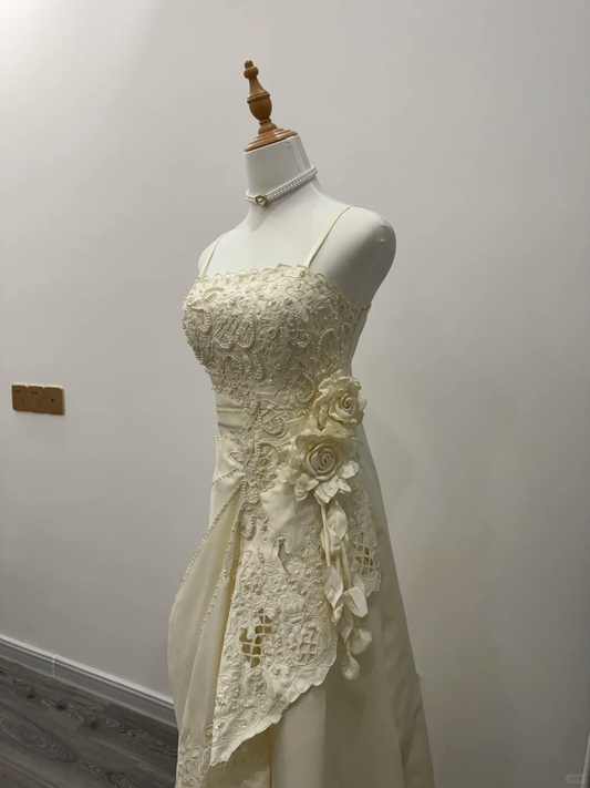 Classy A Line Spaghetti Straps Satin Applique Long Prom Dress, Party Dress, Evening Dress GG2568