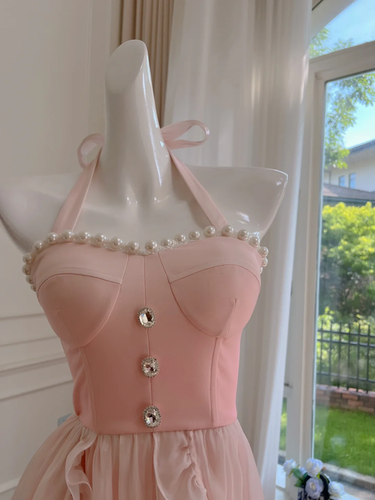 Cute A Line Halter Pink Satin Chiffon High-Low Long Prom Dress, Party Dress, Evening Dress GG2582