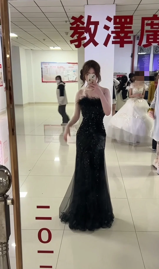 Gorgeous Black Mermaid Strapless Tulle Sequin Long Prom Dress, Party Dress, Evening Dress GG2589