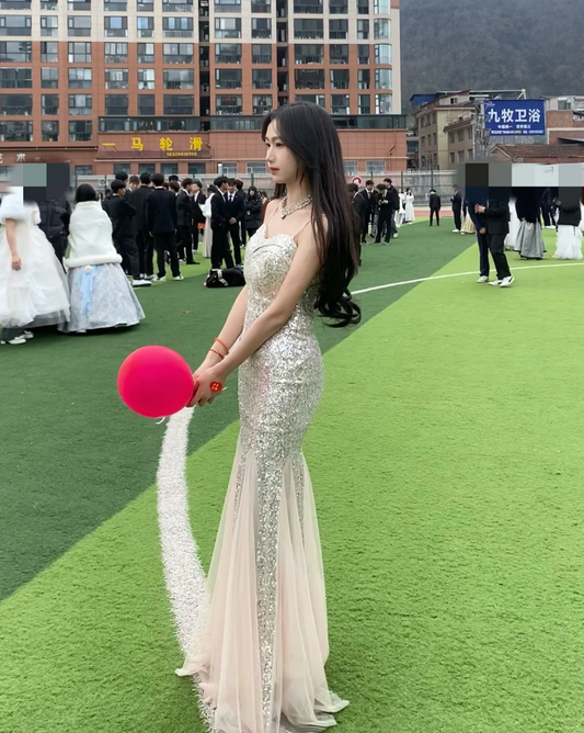 Glitter Mermaid Spaghetti Straps Tulle Sequin Long Prom Dress, Party Dress, Evening Dress GG2596