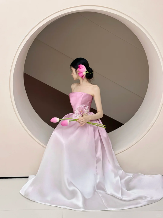 Grandient A Line Strapless Satin Flowers Long Prom Dress, Party Dress, Evening Dress GG2605