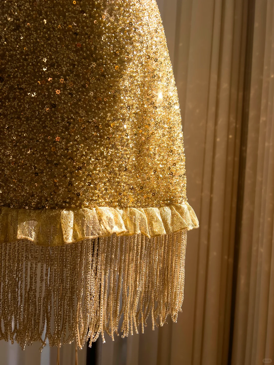 Glitter A Line Spaghetti Straps Golden Sequin Short Prom Dress,Homecoming Dress,Birthday Dress GG2624
