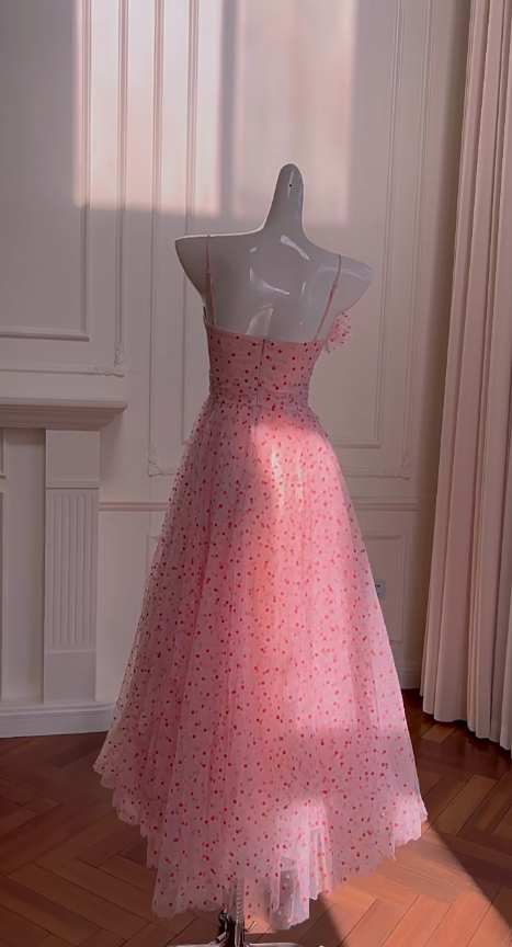 Lovely A Line Spaghetti Straps Chiffon Polka Dot Long Prom Dress, Party Dress, Evening Dress GG2625