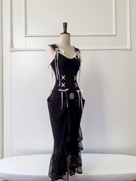 Chic Mermaid Black Satin Lace Long Prom Dress, Party Dress, Evening Dress GG2652