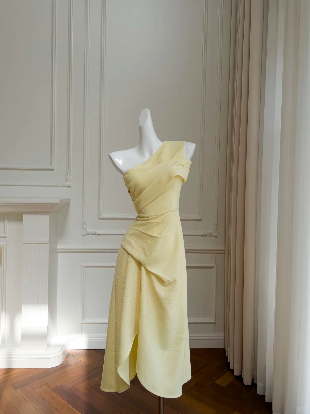 Vintage Mermaid One Shoulder Pastel Yellow Satin Pleated Long Prom Dress, Party Dress, Evening Dress GG2661