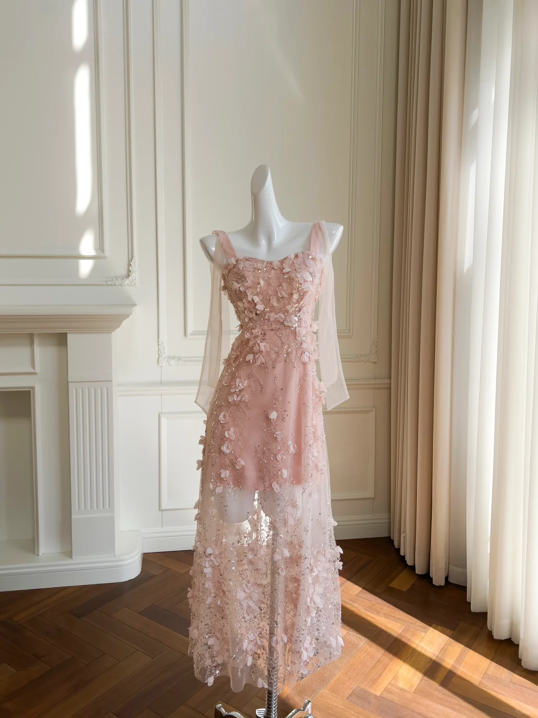 Fairy A Line Spaghetti Straps Pink Satin Tulle Applique Long Prom Dress, Party Dress, Evening Dress GG2662