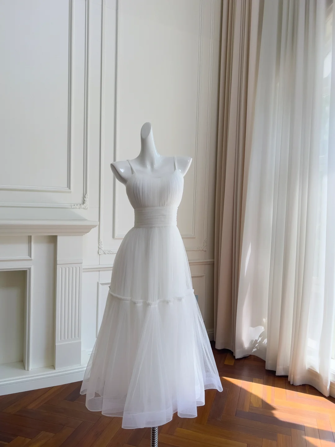 Simple A Line Spaghetti Straps White Tulle Long Prom Dress, Party Dress, Evening Dress GG2677