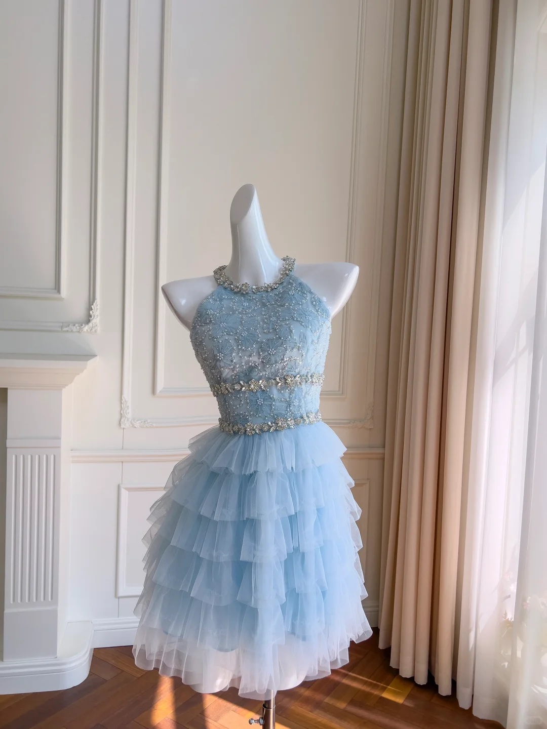 Pretty A Line Halter Blue Satin Tulle Beaded Short Prom Dress,Homecoming Dress,Birthday Dress GG2687