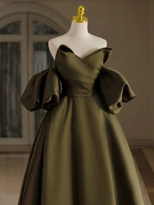 Simple A Line Off The Shoulder Puff Sleeves Olive Green Satin Long Prom Gresses,Evening Dresses GG268