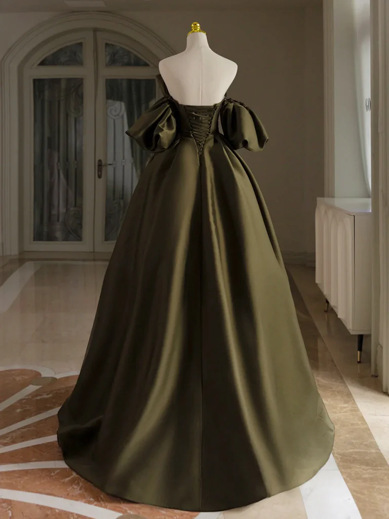 Simple A Line Off The Shoulder Puff Sleeves Olive Green Satin Long Prom Gresses,Evening Dresses GG268