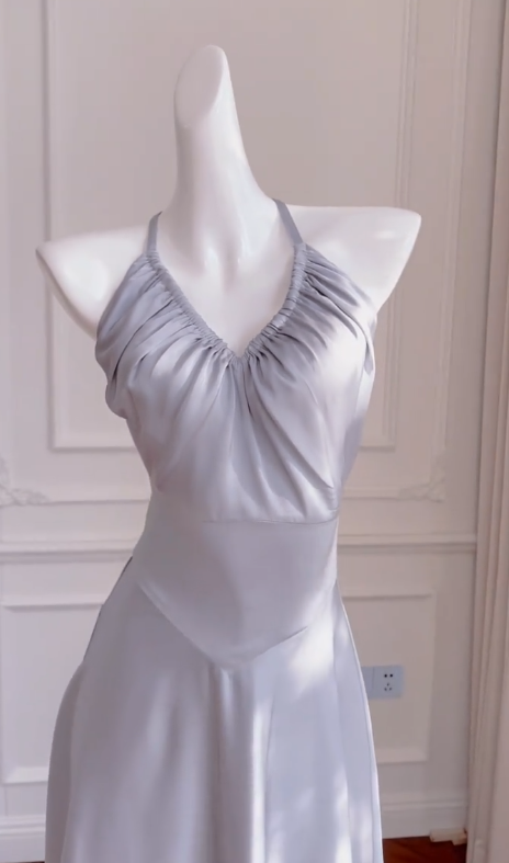 Elegant A Line Halter Gray Satin Long Prom Dress, Party Dress, Evening Dress GG2715