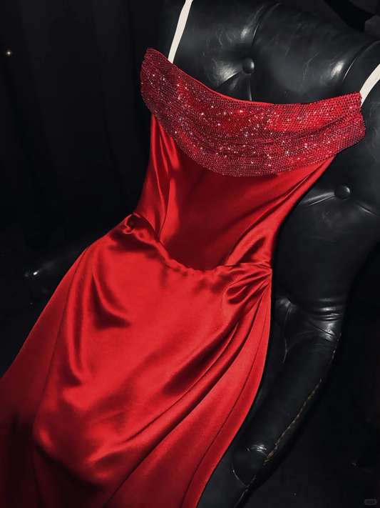 Special A Line Spaghetti Straps Red Satin Baded Long Prom Dress, Party Dress, Evening Dress GG2724