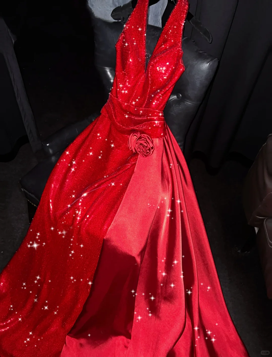 Sexy A Line Halter V Neck Red Satin Sequin Long Prom Dress, Party Dress, Evening Dress GG2726