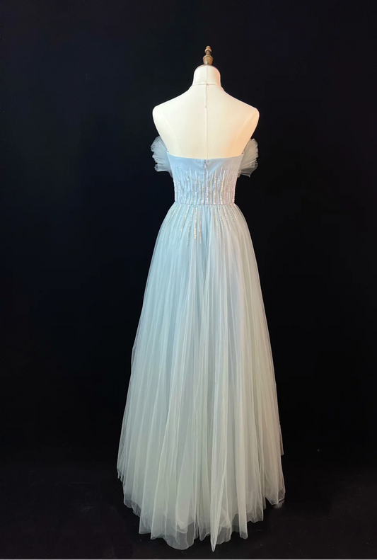 Cute A Line Strapless Satin Tulle Sequin Long Prom Dress, Party Dress, Evening Dress GG2733