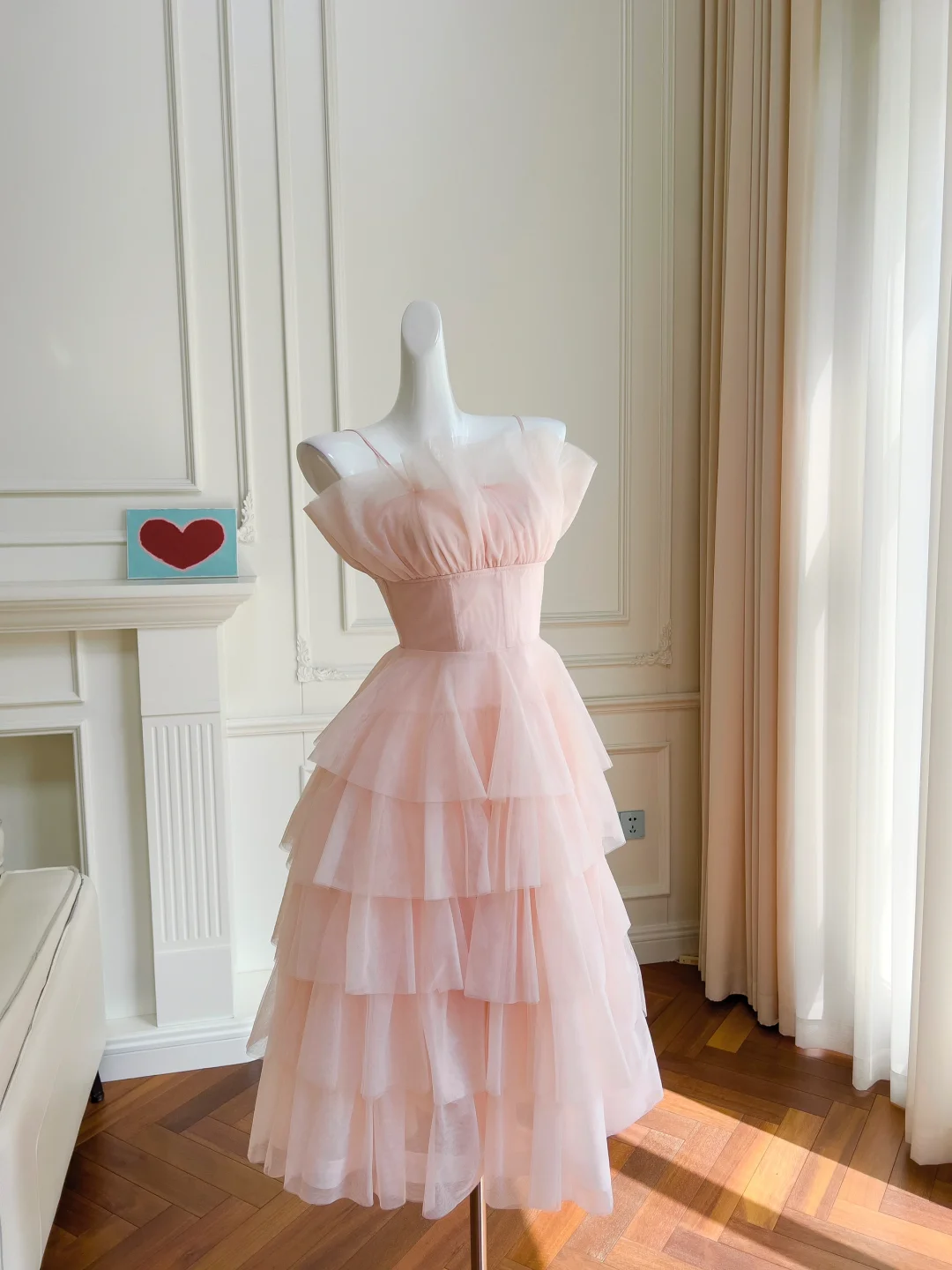 Elegant A Line Spaghetti Straps Soft Pink Satin Tulle Tea Length Prom Dress, Party Dress, Evening Dress GG2760