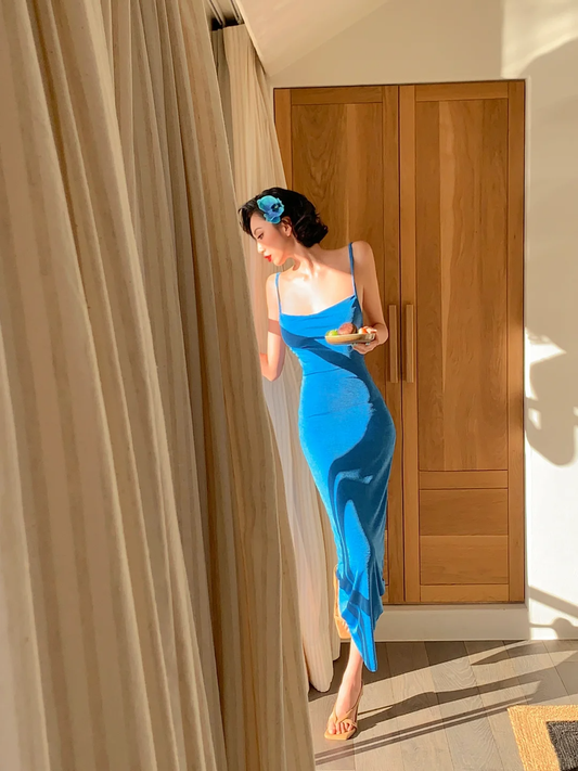 Absolutely Beautiful Mermaid Spaghetti Straps Blue Satin Long Prom Dress, Party Dress, Evening Dress GG2764