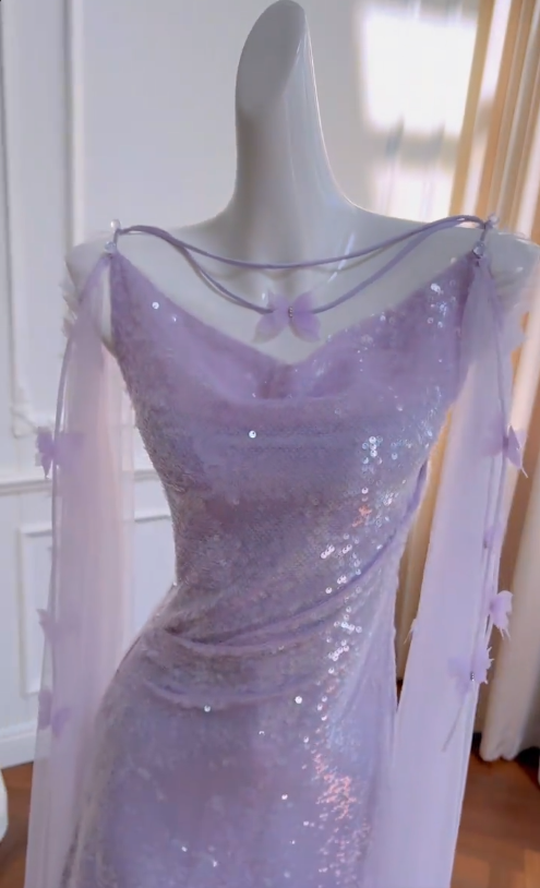 Shiny Mermaid Bateau Neck Lilac Sequin Tulle Long Prom Dress, Party Dress, Evening Dress GG2773