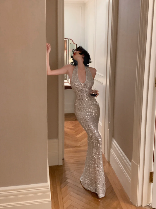 Glitter Mermaid Halter Sequin Long Prom Dress, Party Dress, Evening Dress GG2784
