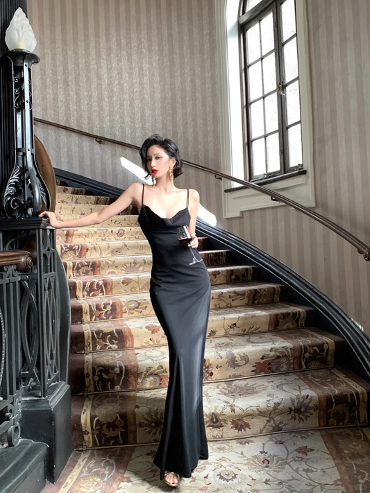 Sexy Mermaid Spaghetti Straps Black Satin Long Prom Dress, Party Dress, Evening Dress GG2785