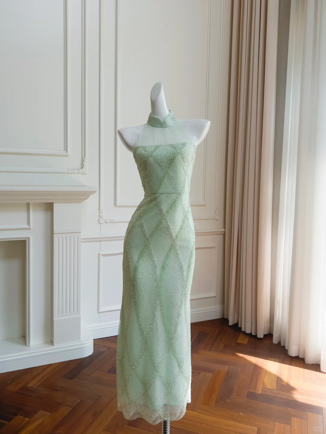 Shiny Mermaid Halter Sage SatinTulle Beaded Long Prom Dress, Party Dress, Evening Dress GG2789