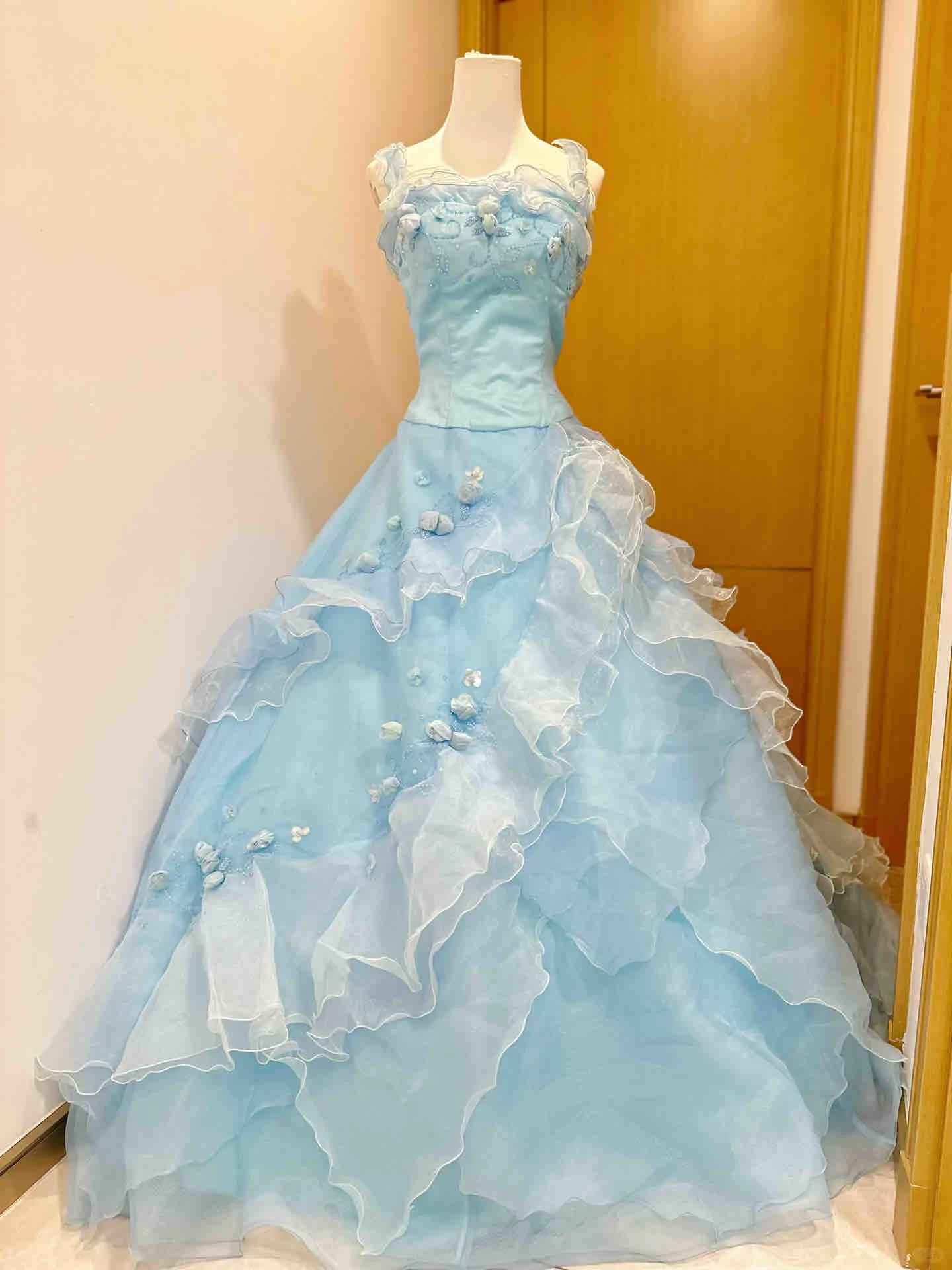 Stunning Ball Gown Spaghetti Straps Pale Blue Chiffon Applique Long Prom Dress, Party Dress, Evening Dress GG2803