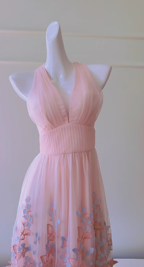 Classy A Line Halter Soft Pink Chiffon Applique Long Prom Dress, Party Dress, Evening Dress GG2805