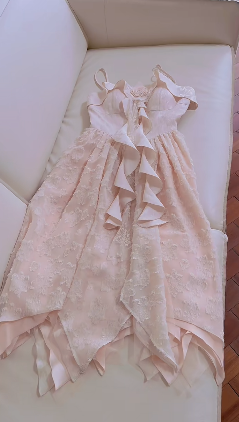 Pretty A Line Spaghetti Straps Pink Satin Lace Ruffles Long Prom Dress, Party Dress, Evening Dress GG2807