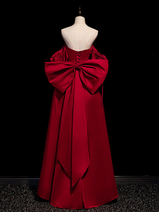 Chic A Line Strapless Satin Back Bow Burgundy Long Prom Dress, Evening Dress GG280