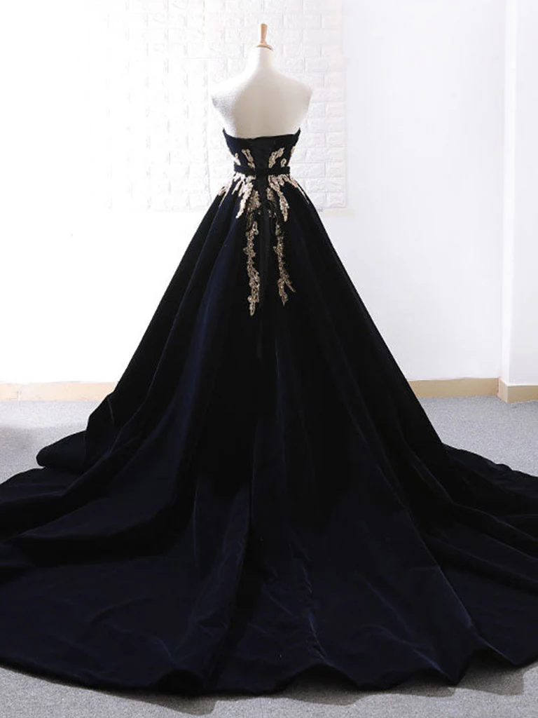 Chic A Line Strapless Black Velvet Sweep Train Long Prom Dress, Evening Dress GG281