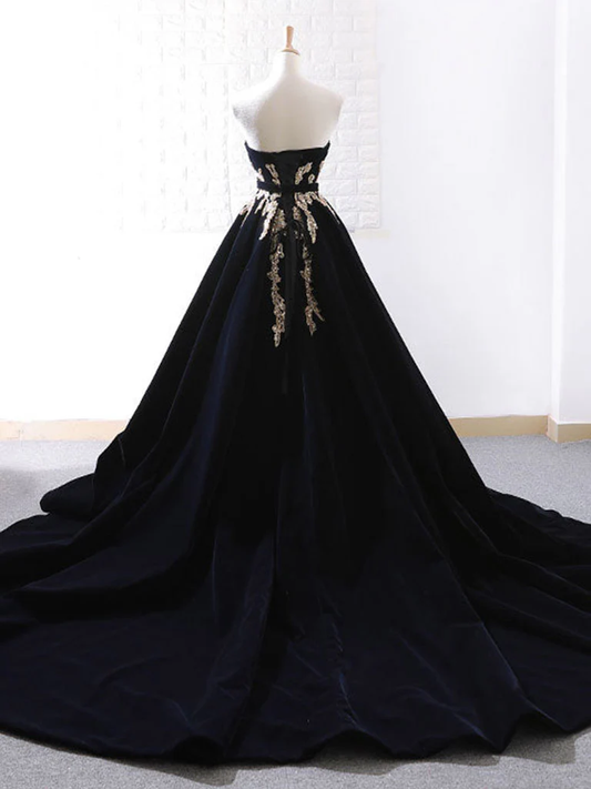 Chic A Line Strapless Black Velvet Sweep Train Long Prom Dress, Evening Dress GG281