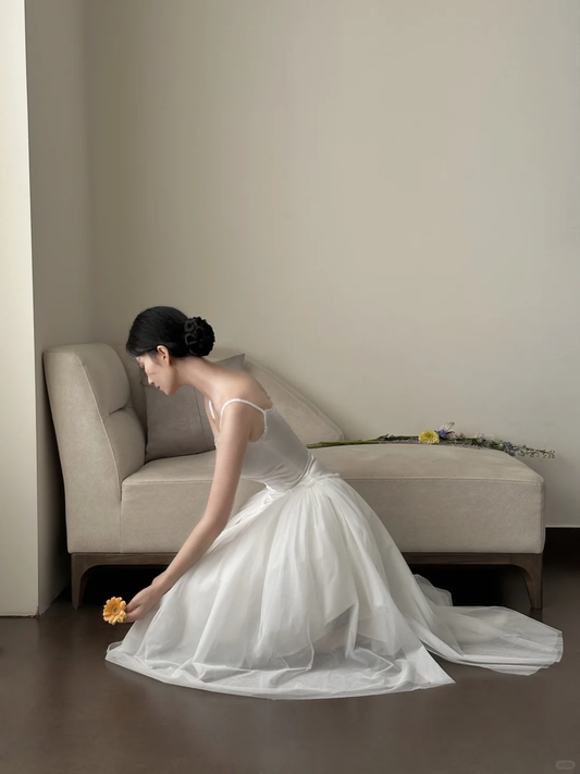 Cute A Line Spaghetti Straps White Satin Tulle Long Prom Dress, Party Dress, Evening Dress GG2836