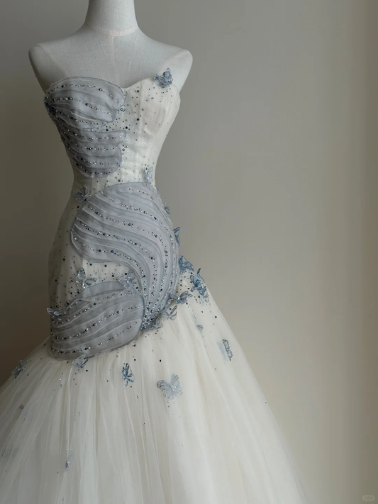 Pretty Mermaid Strapless Tulle Beaded Long Prom Dress, Wedding Dress, Evening Dress GG2839