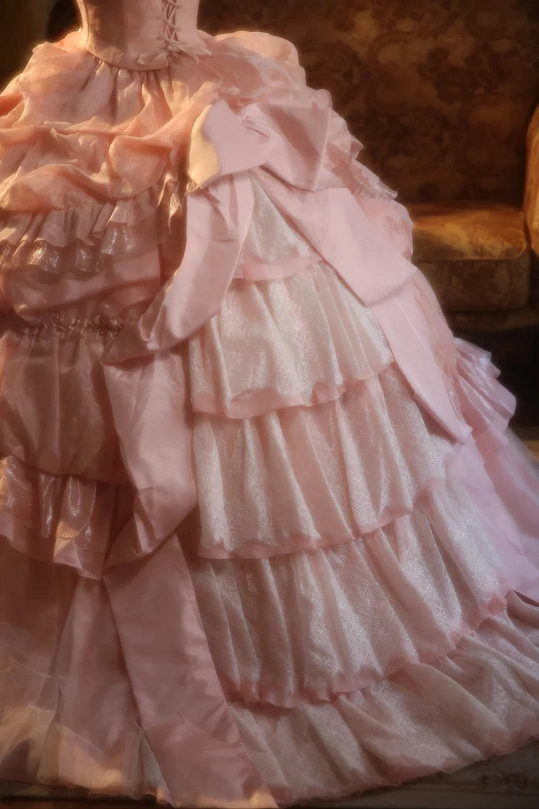 Pretty Ball Gown Strapless Pink Satin Lace Long Prom Dress, Party Dress, Evening Dress GG2870