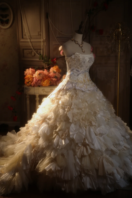 Vintage Ball Gown Strapless Satin Chiffon Beaded Long Prom Dress, Party Dress, Evening Dress GG2872