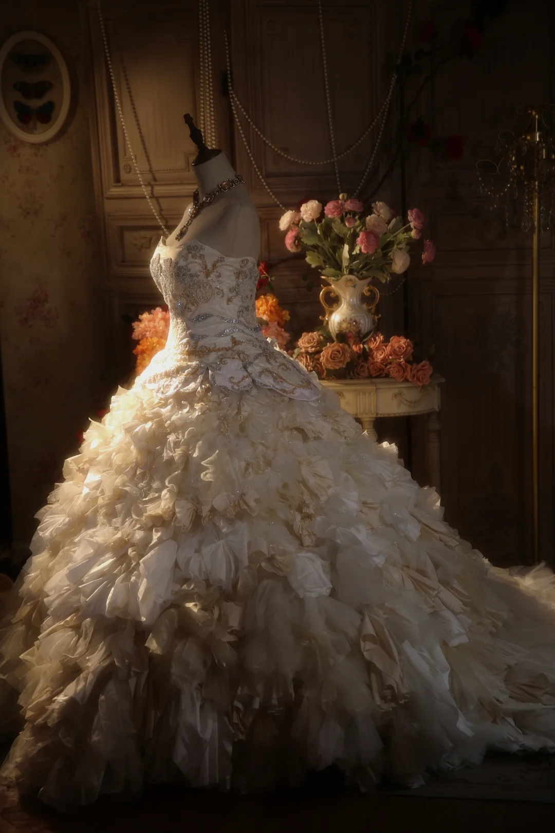 Vintage Ball Gown Strapless Satin Chiffon Beaded Long Prom Dress, Party Dress, Evening Dress GG2872