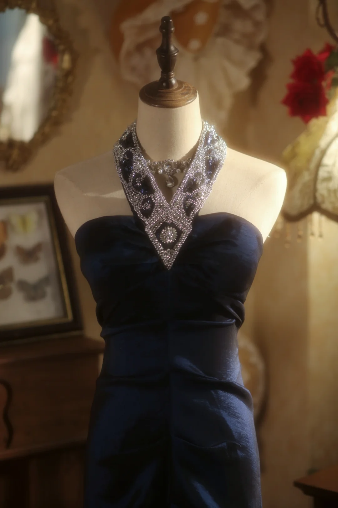 Chic Mermaid Halter Navy Satin Beaded Long Prom Dress, Party Dress, Evening Dress GG2879