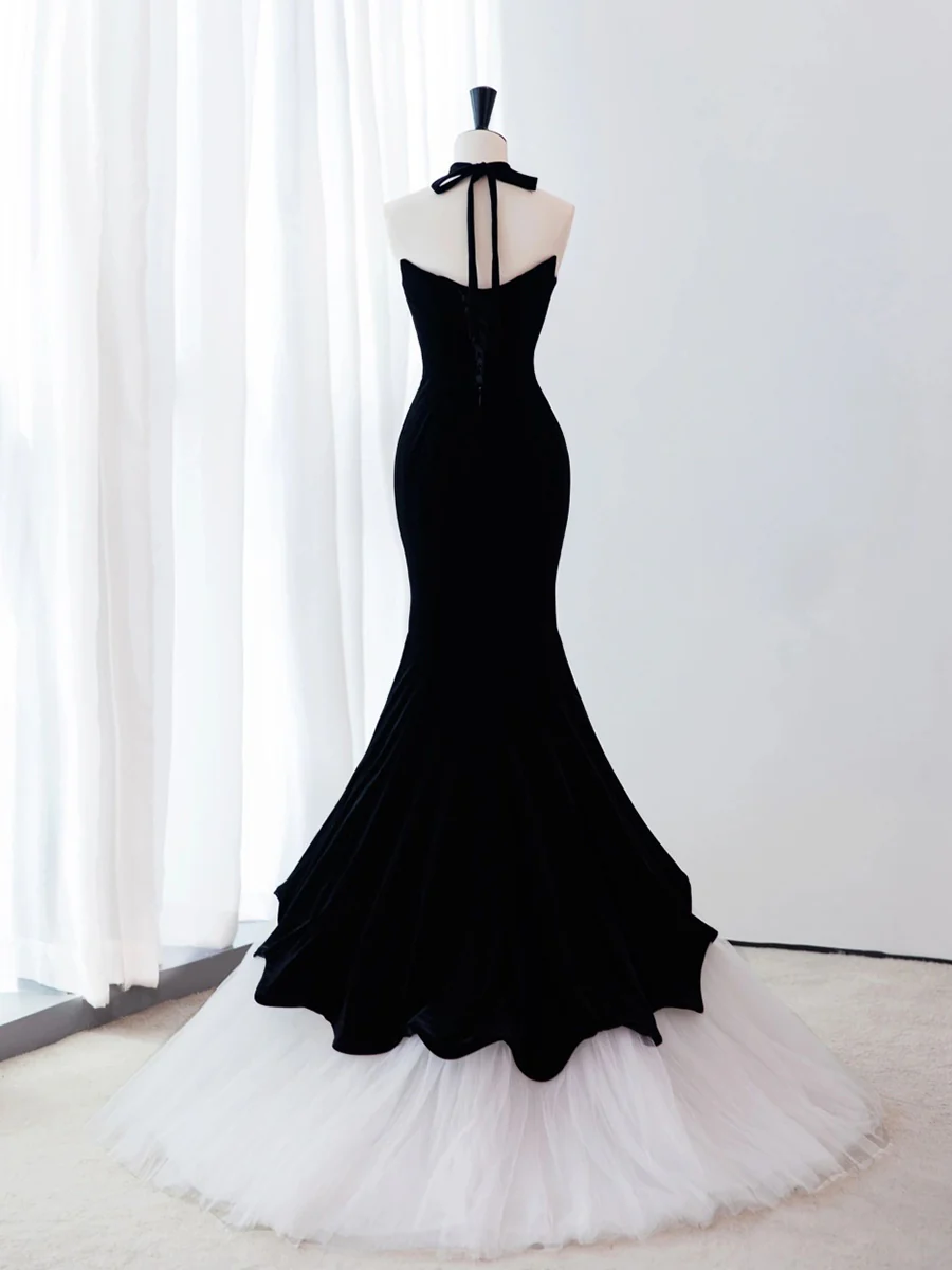 Elegant Black Mermaid Strapless Velvet White Tulle Stitching At The Hem Long Prom Dress, Evening Dress GG288
