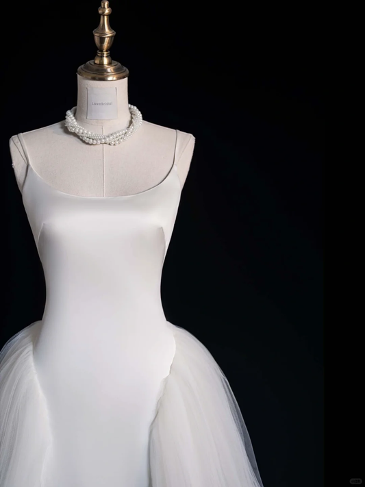 Classy A Line Spaghetti Straps White Satin Tulle Long Prom Dress, Party Dress, Evening Dress GG2892