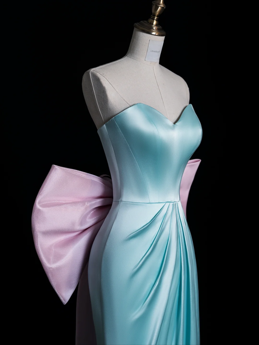 Pretty Mermaid Strapless Light Blue Satin Back With Bow Long Prom Dress, Party Dress, Evening Dress GG2896