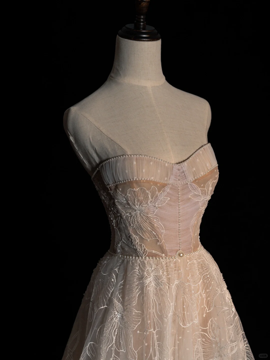 Stunning A Line Strapless Tulle Lace Long Prom Dress, Party Dress, Evening Dress GG2897